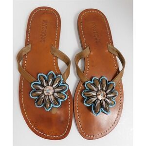 Mystique $250rt Shell Beaded Gold Leather‎ Thong Flat Sandals 9 M